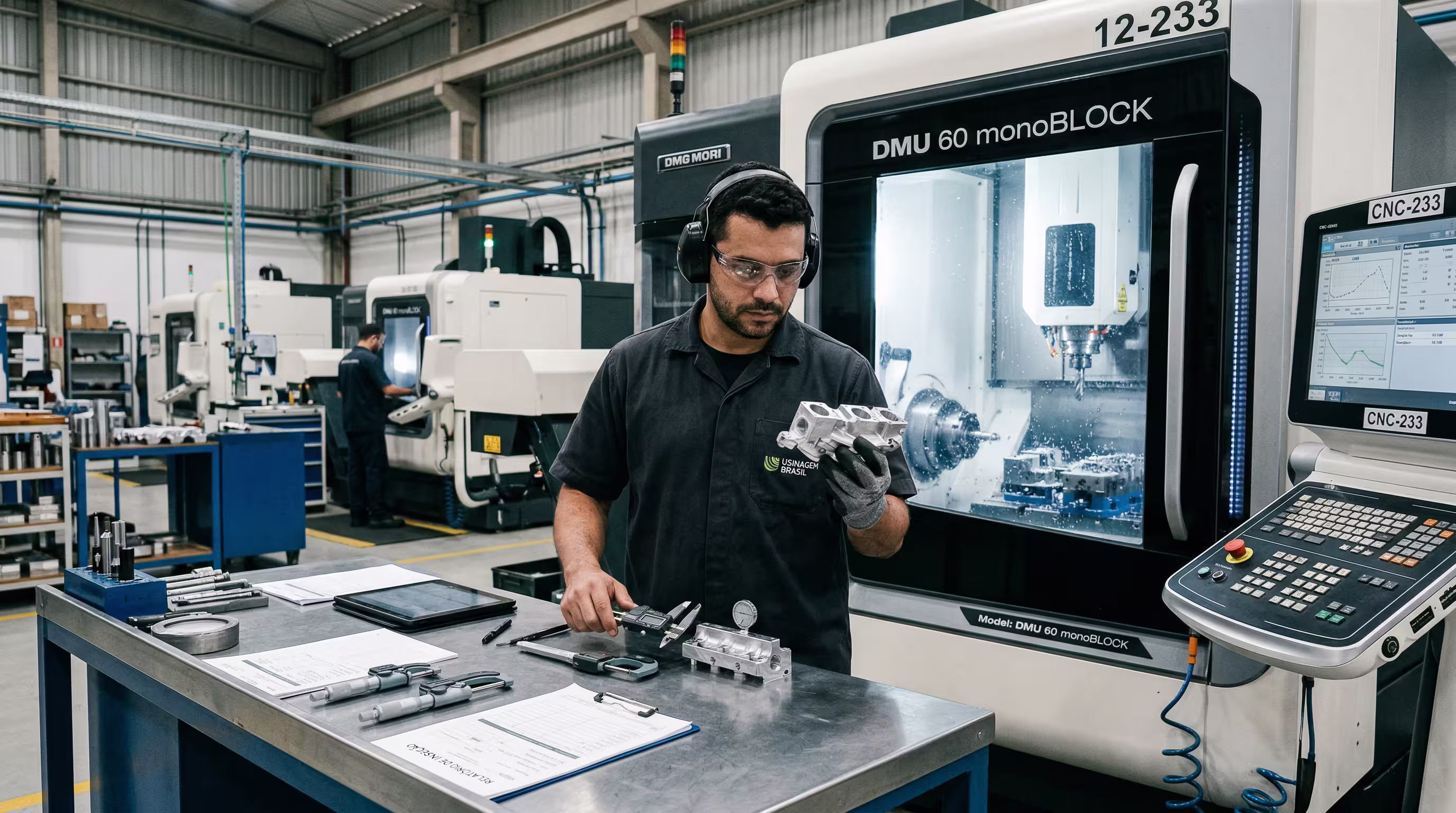 Fornecedor industrial de usinagem CNC com técnico avaliando peça usinada de precisão