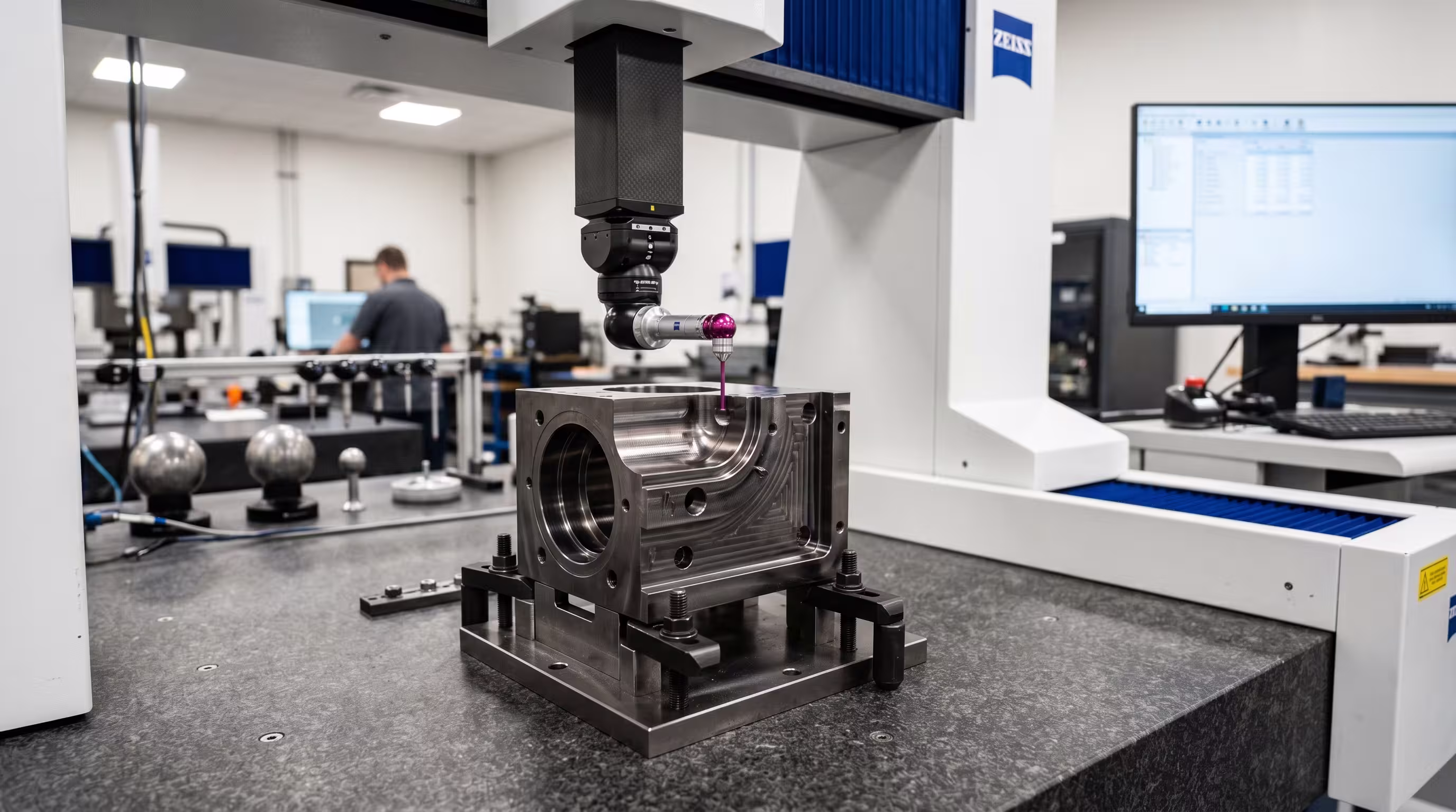 Medição tridimensional CMM em peça usinada industrial