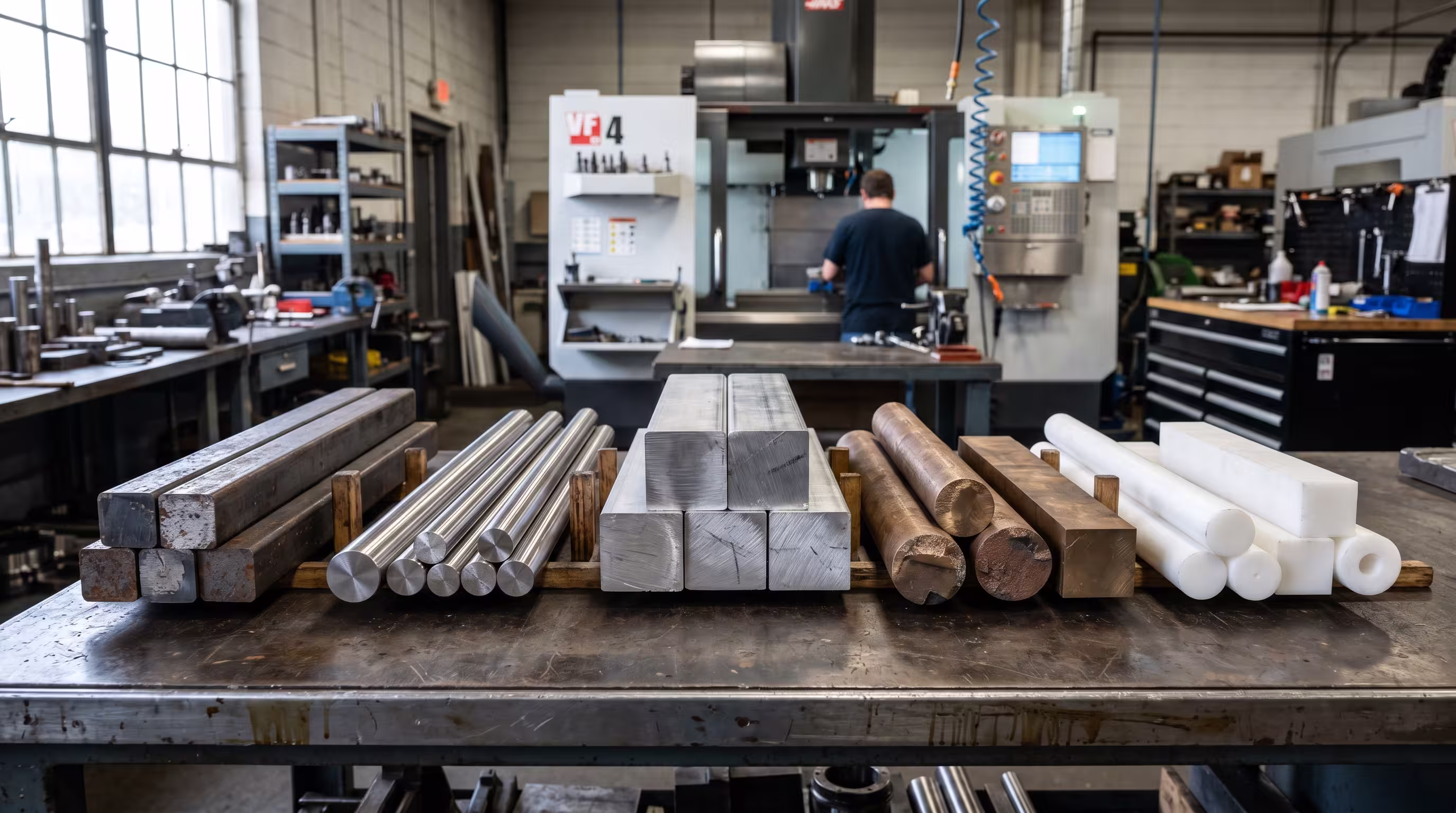 Materiais industriais para usinagem CNC como aço inox alumínio bronze e nylon
